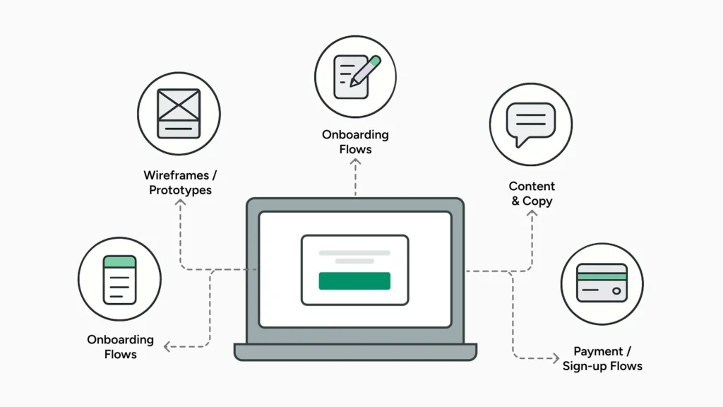 An infographic showing a laptop screen at the center with dashed lines connecting to various elements that can be usability tested: wireframes, onboarding flows, content & copy, and payment/sign-up flows.