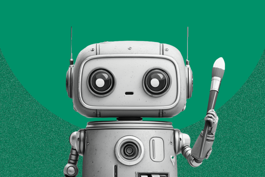Close-up of a friendly, vintage-style robot holding a paintbrush in its metallic hand, against a textured green background. The robot has large, round eyes and antennae, suggesting AI's involvement in creative tasks.