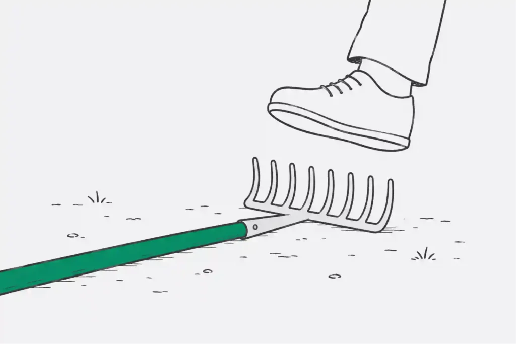 Sketch of a foot about to step on a rake representing common avoidable mistakes when hiring a design firm