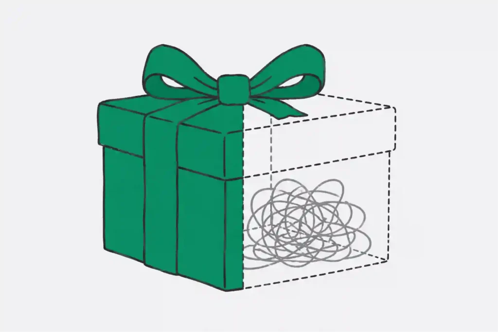 Sketch of a gift box shown in x-ray view revealing its contents representing evaluating a design agency
