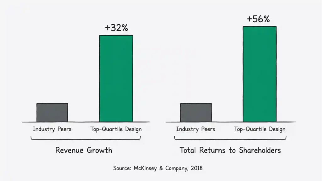 Bar chart showing top-quartile design companies saw 32% higher revenue growth and 56% higher shareholder returns