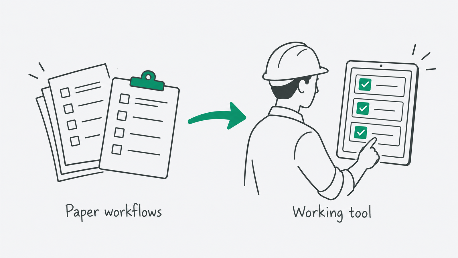 Paper checklists become a working tablet tool used by a person in a hard hat.