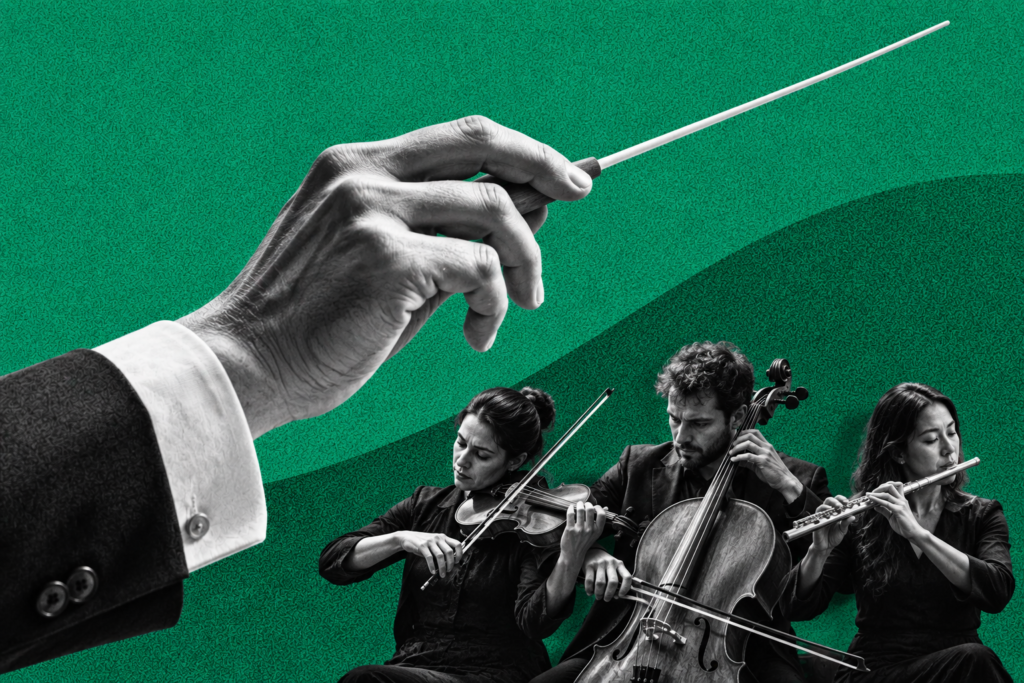 A conductor’s hand guides a small ensemble of musicians with different instruments.